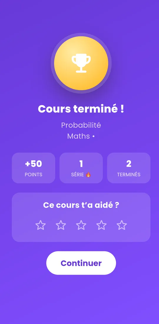 Écran de fin de cours : points gagnés, série de jours et note du cours